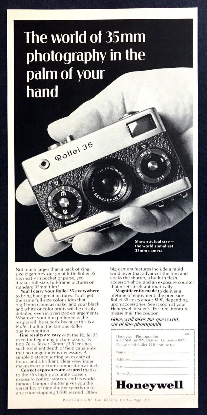 1969 Rollei 35mm Camera photo World\'s Smallest Camera Honeywell vintage print ad