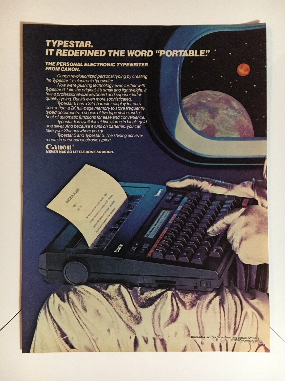 Canon Typestar Typewriter Astronaut 1985 Vintage Print Ad 8x11 Inches Wall Decor