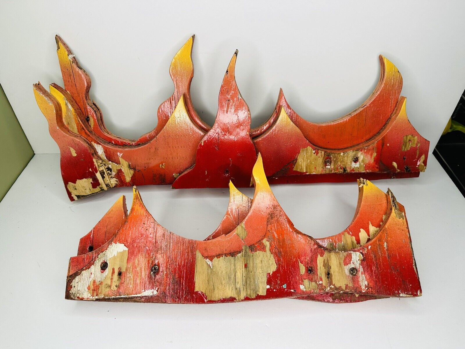 Vintage Carnival Dark Ride Prop Hand Painted Wooden Flames Haunted House