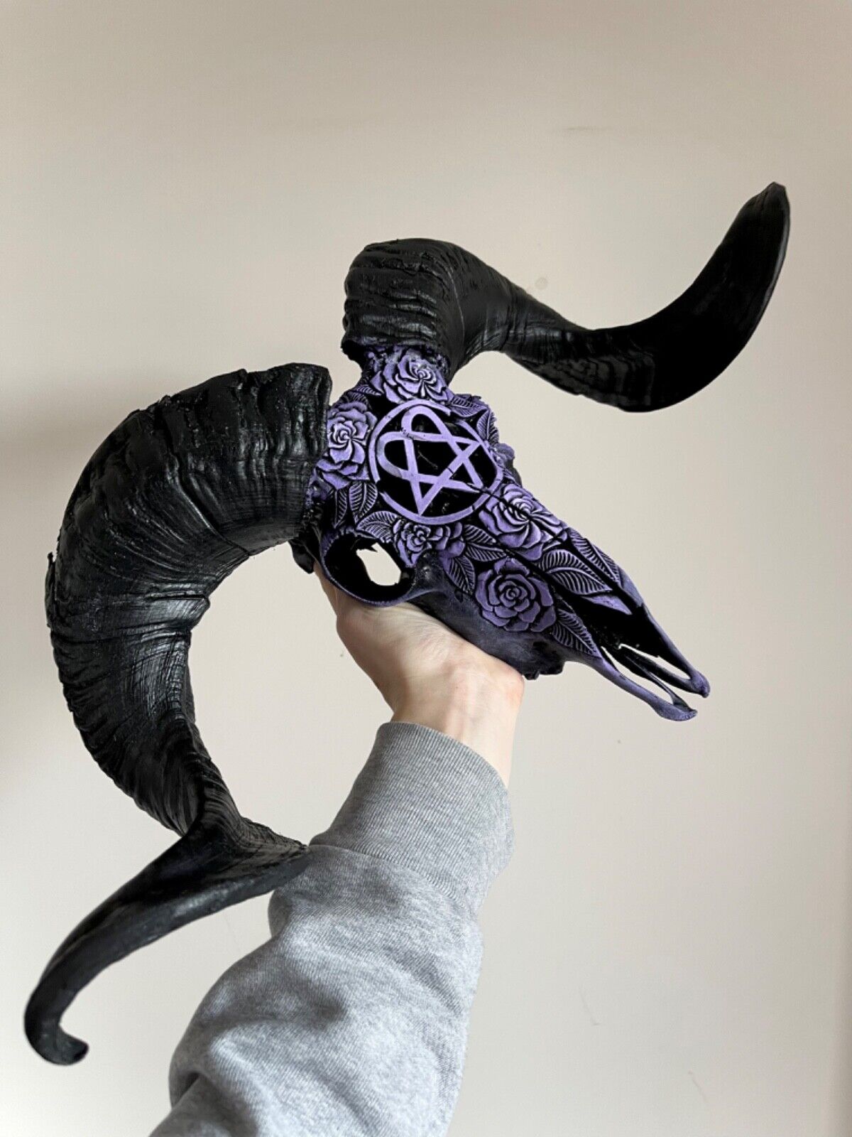 Real ram skull with hand carving heartagram gothic decor