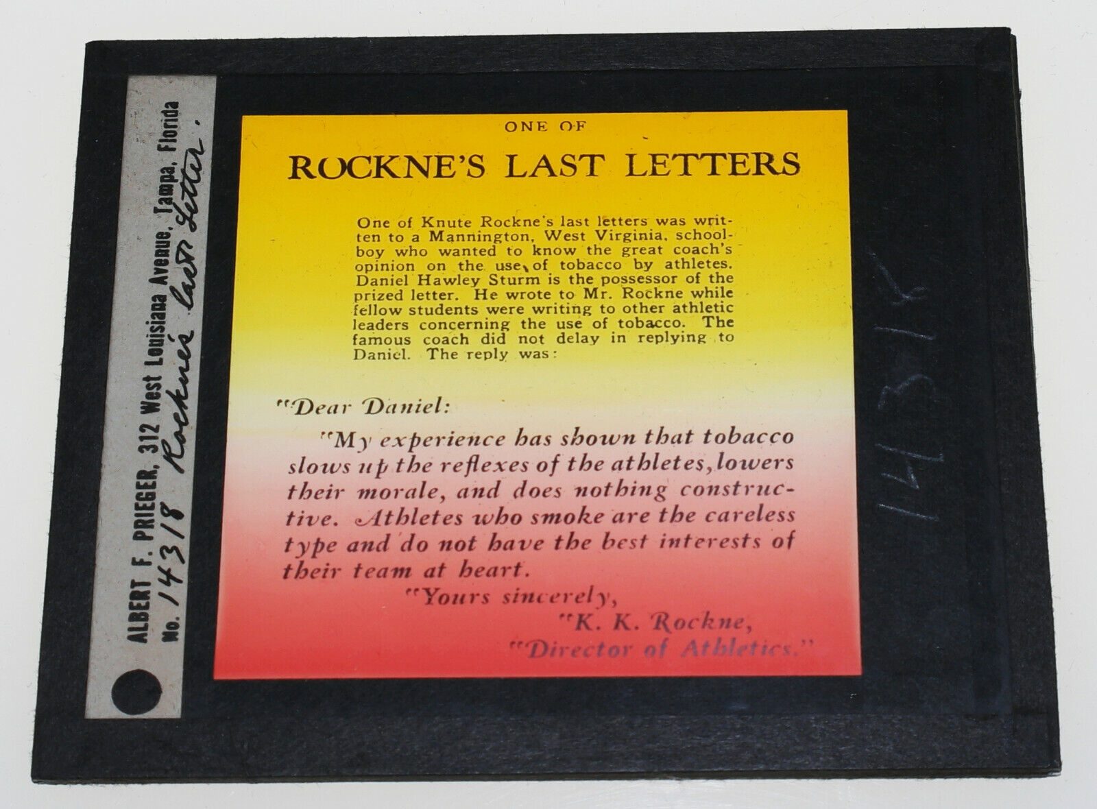 KNUTE ROCKNE 1920s tobacco related movie advertising GLASS SLIDE