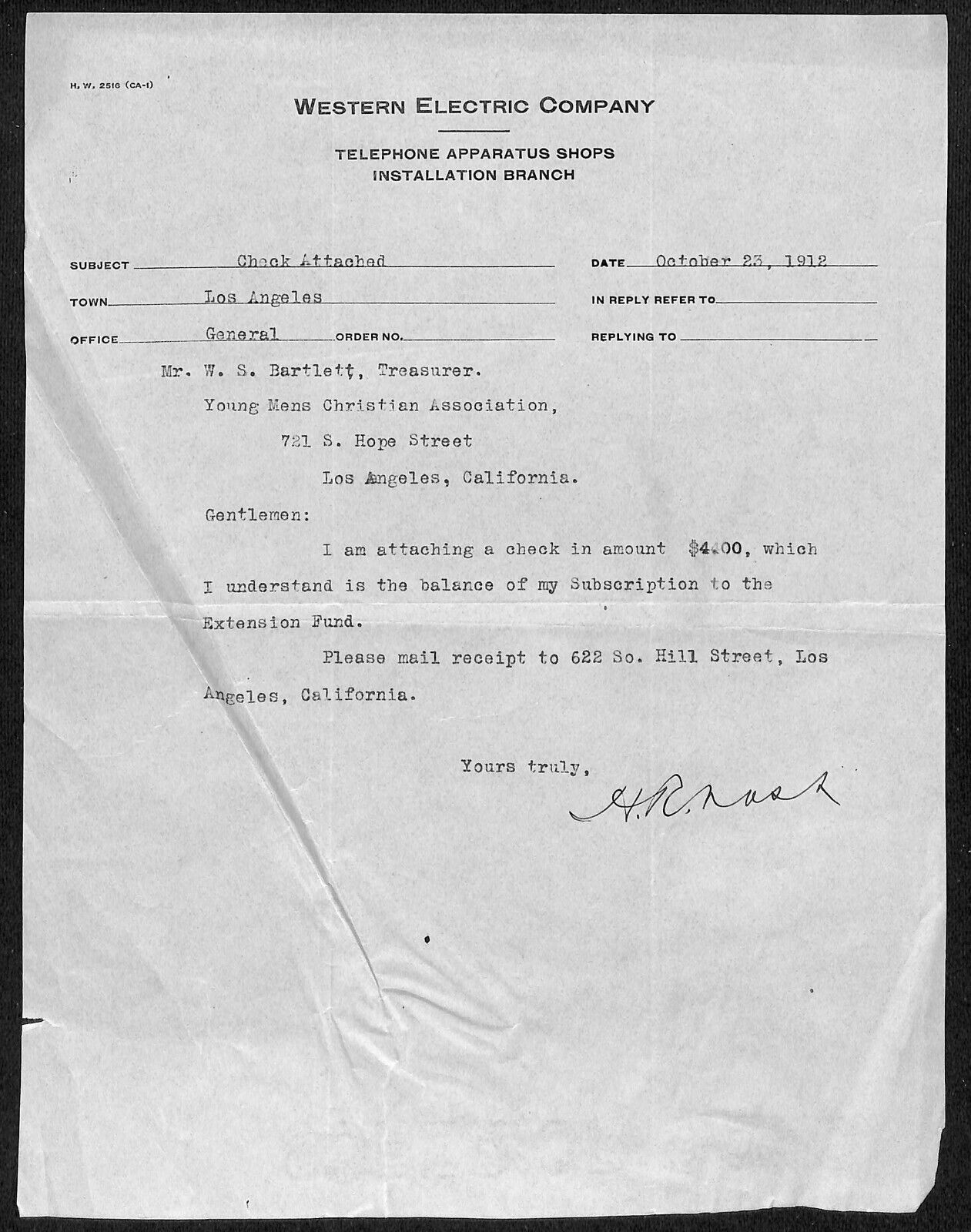 Western Electric Co. Telephone Apparatus Shops 1912 Letterhead re Attached Check