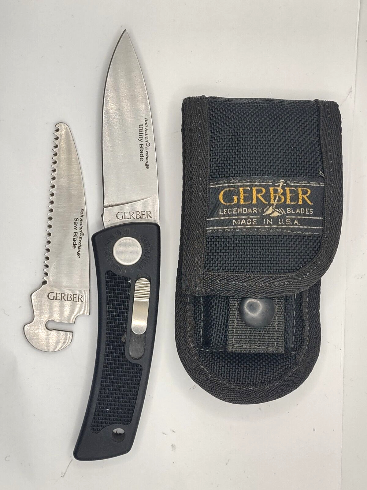 Vintage Gerber Bolt Action Knife Exchange 2 Blades w/ Sheath USA Made