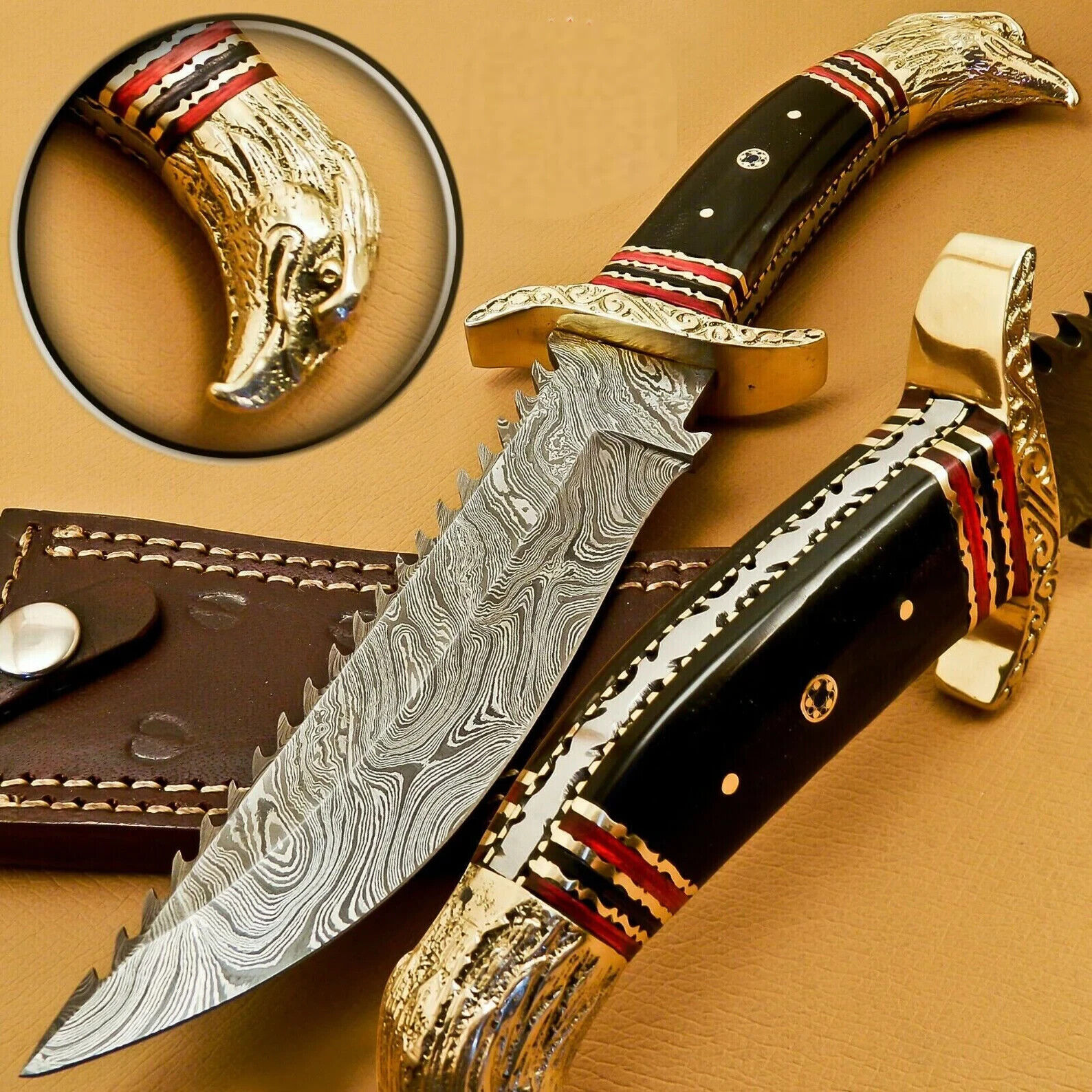 Beautiful Eagle Head Custom Handmade Damascus Hunting Tracker Knife -Horn Handle