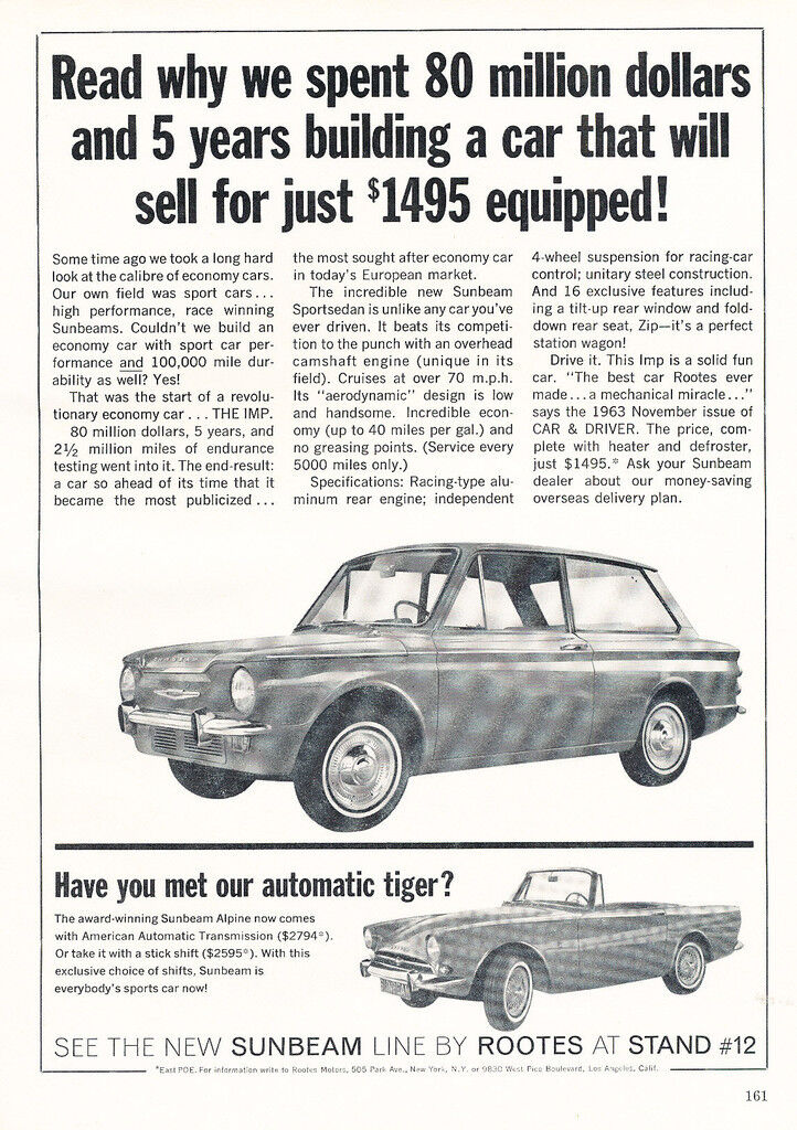 1964 Sunbeam Imp and Tiger - Classic Vintage Car Advertisement Ad J49