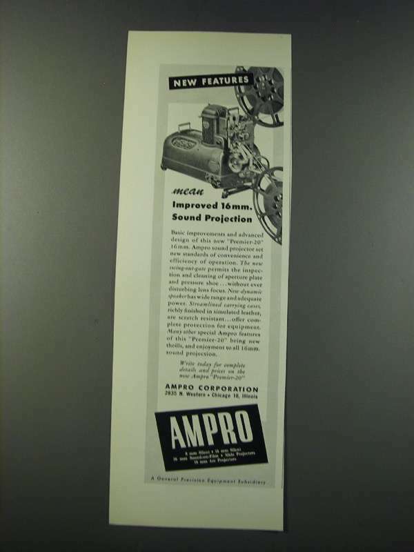 1947 Ampro Premier-20 16mm Movie Projector Ad - New Features