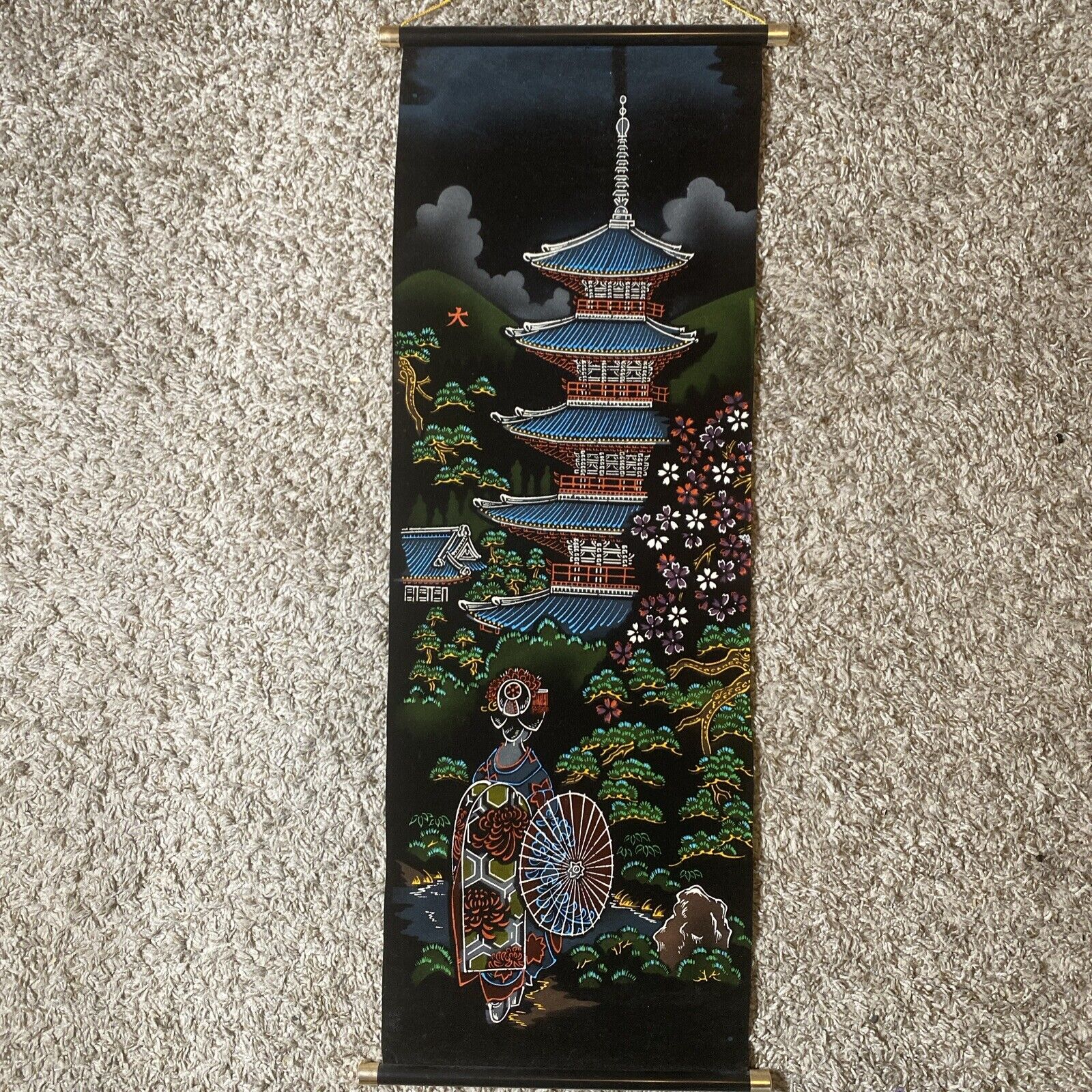 Vintage Japanese Black Velvet Wall Banner Tapestry Temple