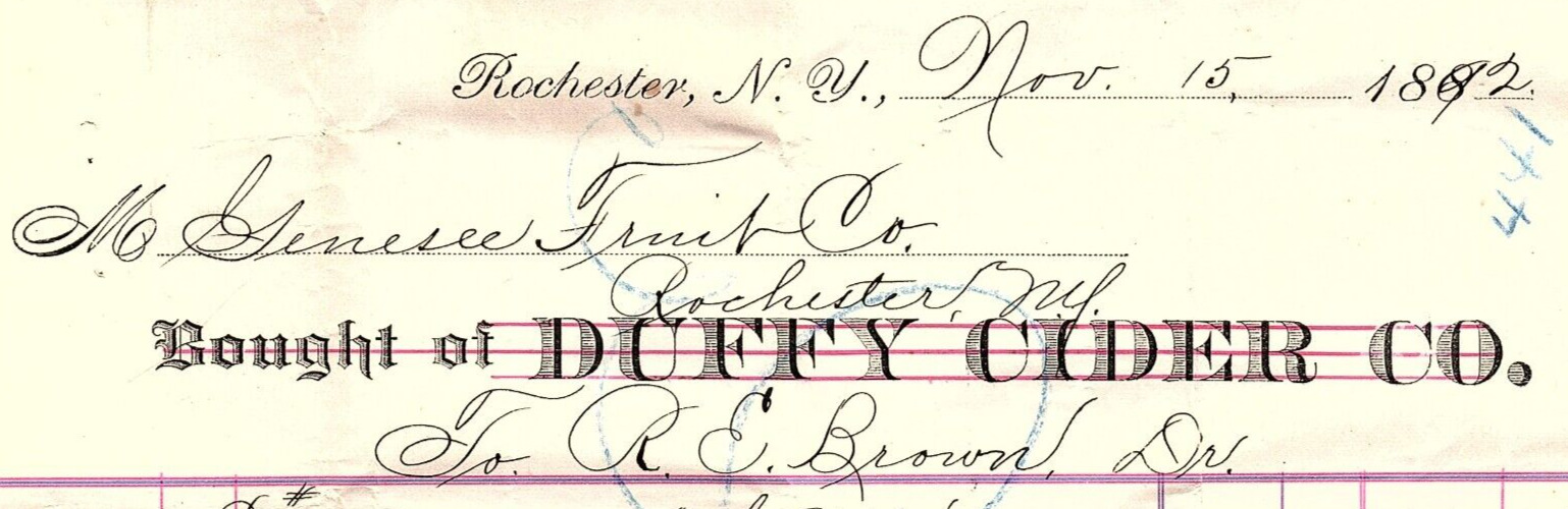 1892 ROCHESTER NY  DUFFY CIDER CO.  APPLES  BILLHEAD INVOICE Z1761