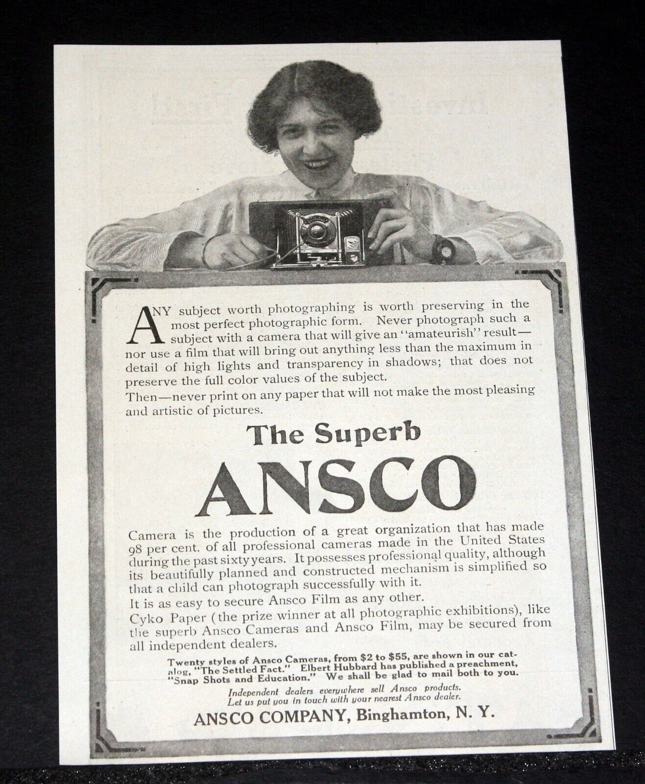 1912 OLD MAGAZINE PRINT AD, THE SUPERB ANSCO CAMERA, NO \