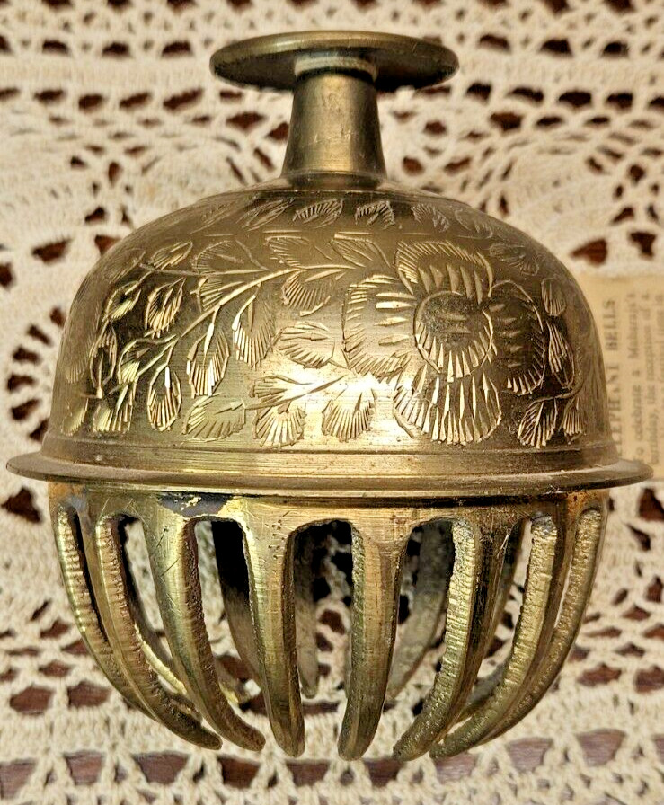 Vintage Etched Brass Elephant Prayer Bell w/ Original Tag