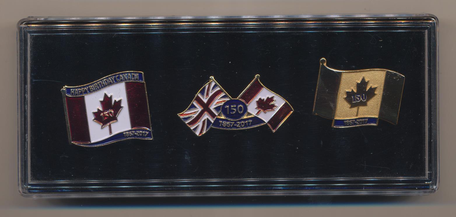 2017 Canada 3 Pin Set ~ 150th Birthday 1867-2017 ~ Maple Leaf & Union Jack Flags