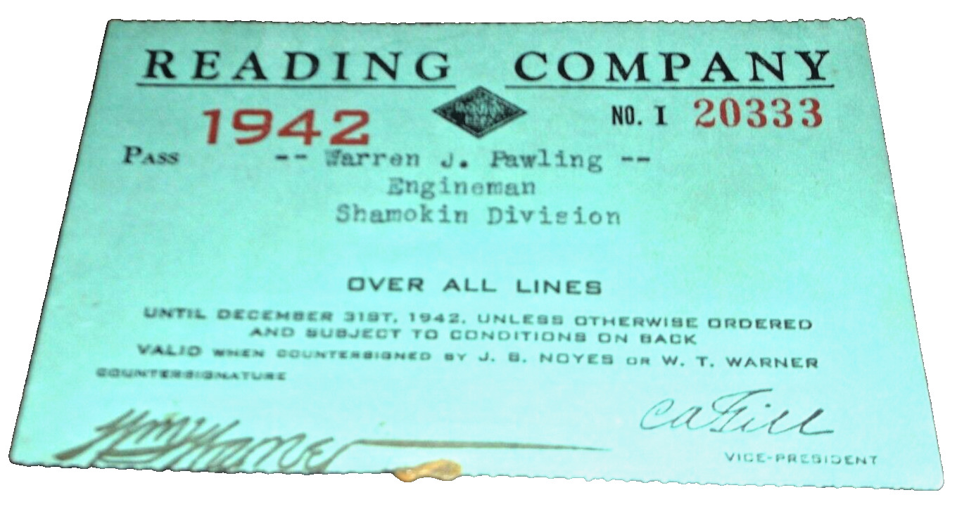 1942 READING COMPANY EMPLOYEE PASS #20333
