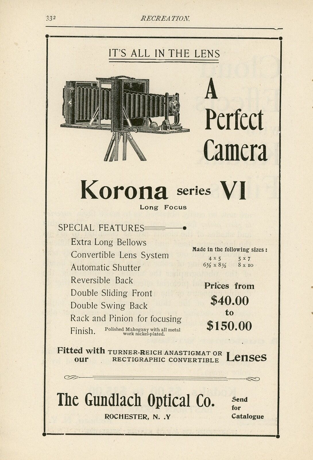 1899 Korona Series VI Camera Ad Gundelach Optical Rochester New York Photography