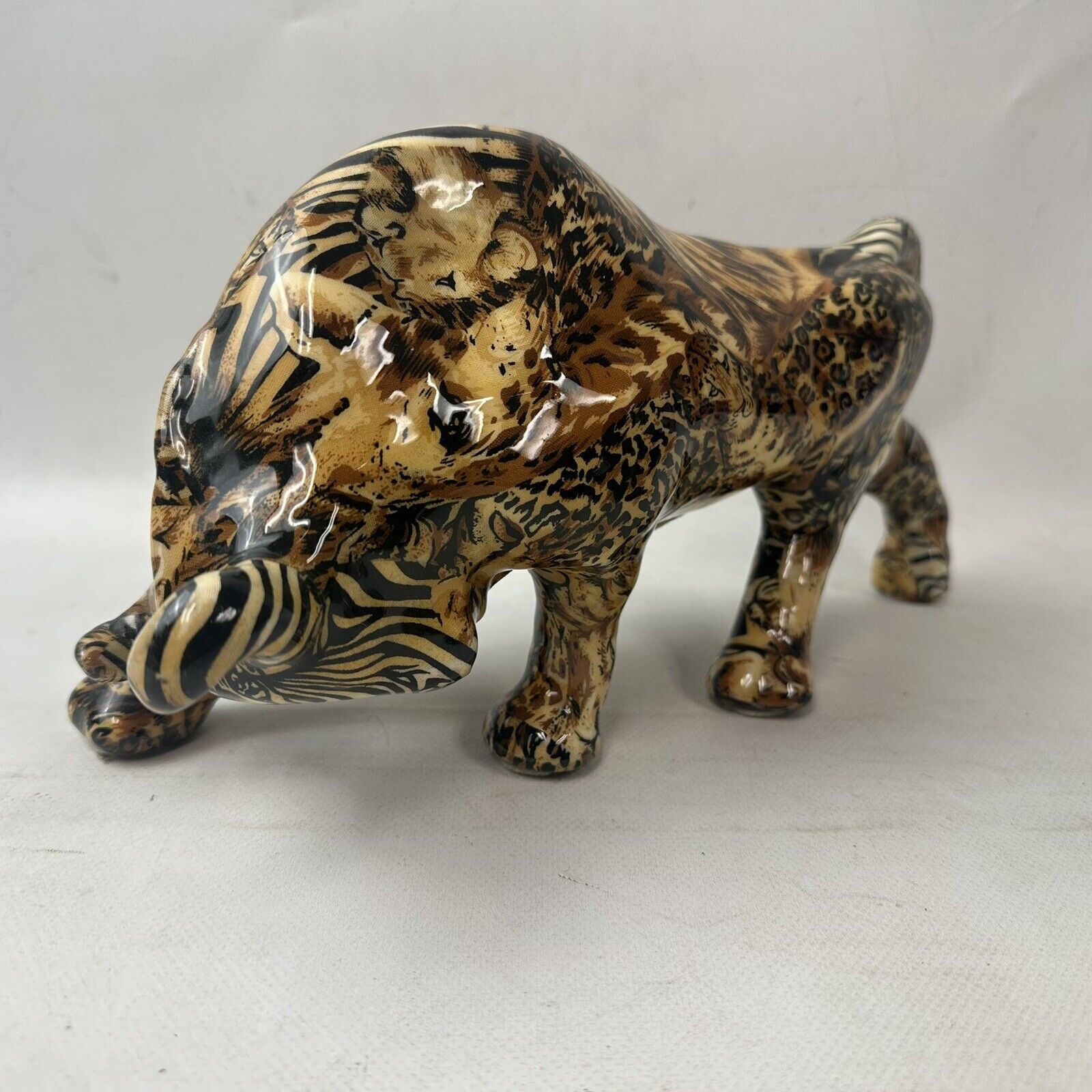 La Vie Glazed Safari Patchwork Bull Figure Figurine