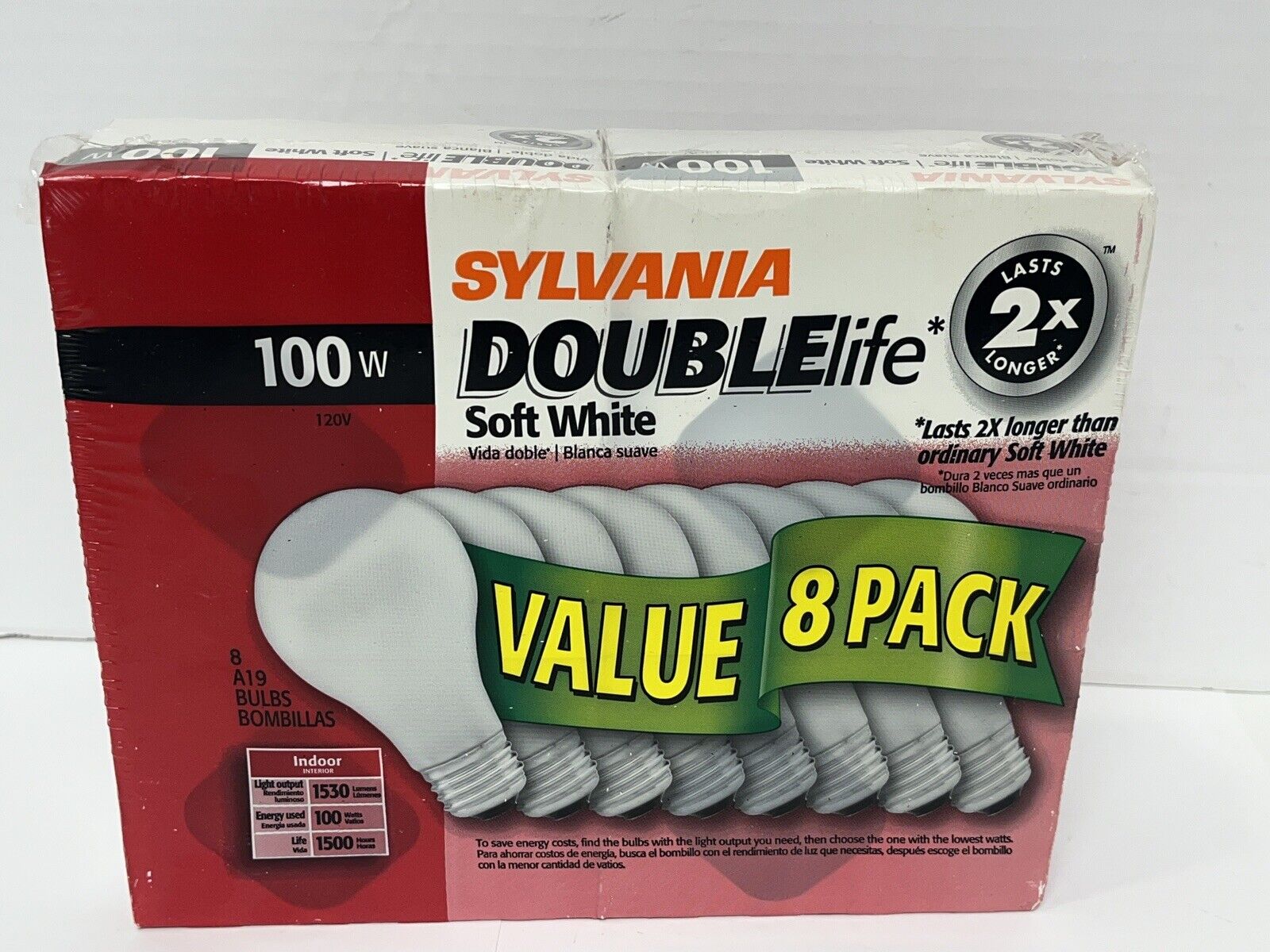 SYLVANIA 100 WATT DOUBLE LIFE SOFT WHITE PACK OF 8 LIGHT BULBS NEW SEALED