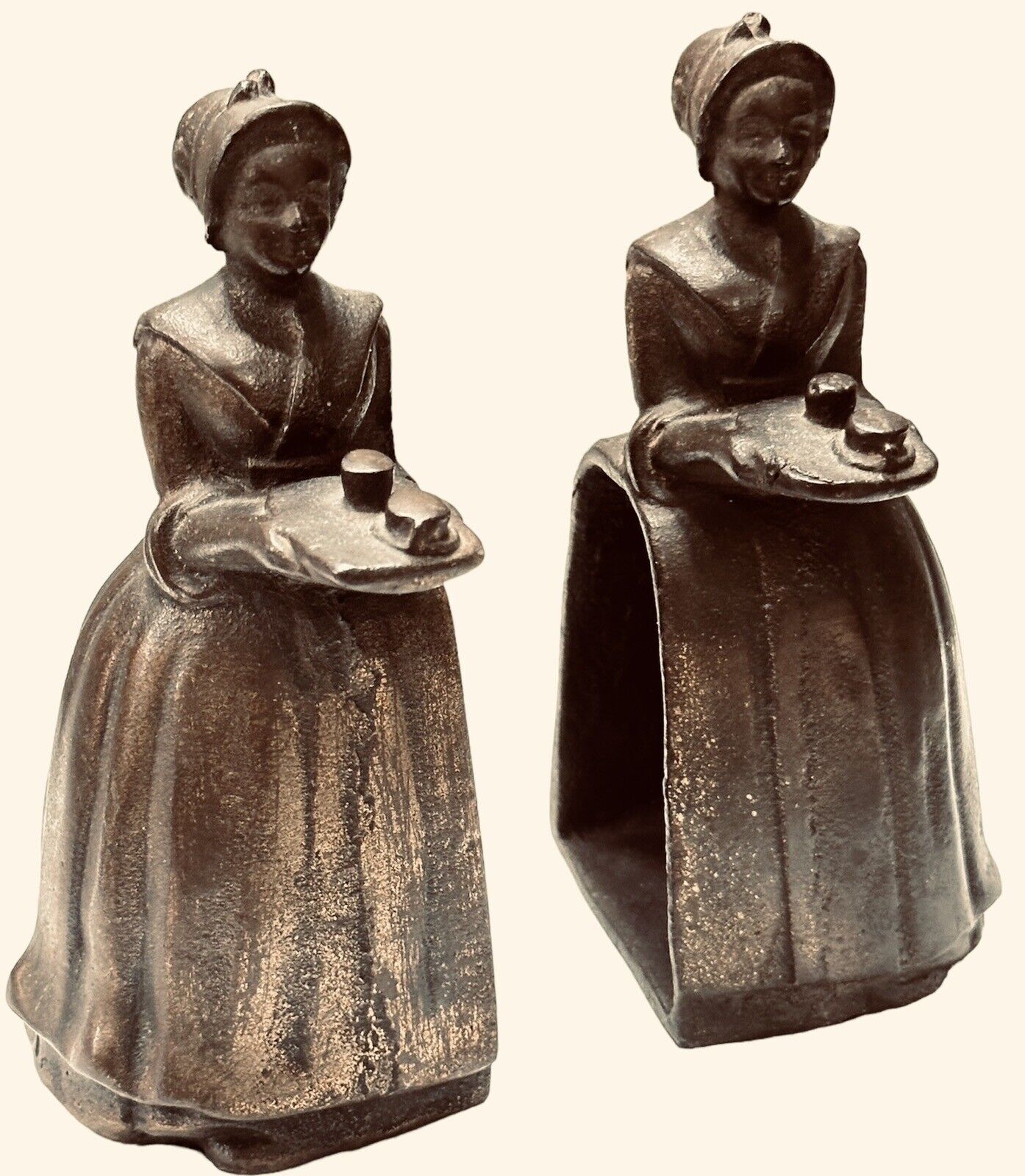 Antique Walter Baker Cast Iron Baker's Chocolate Lady Bookends Figurines 