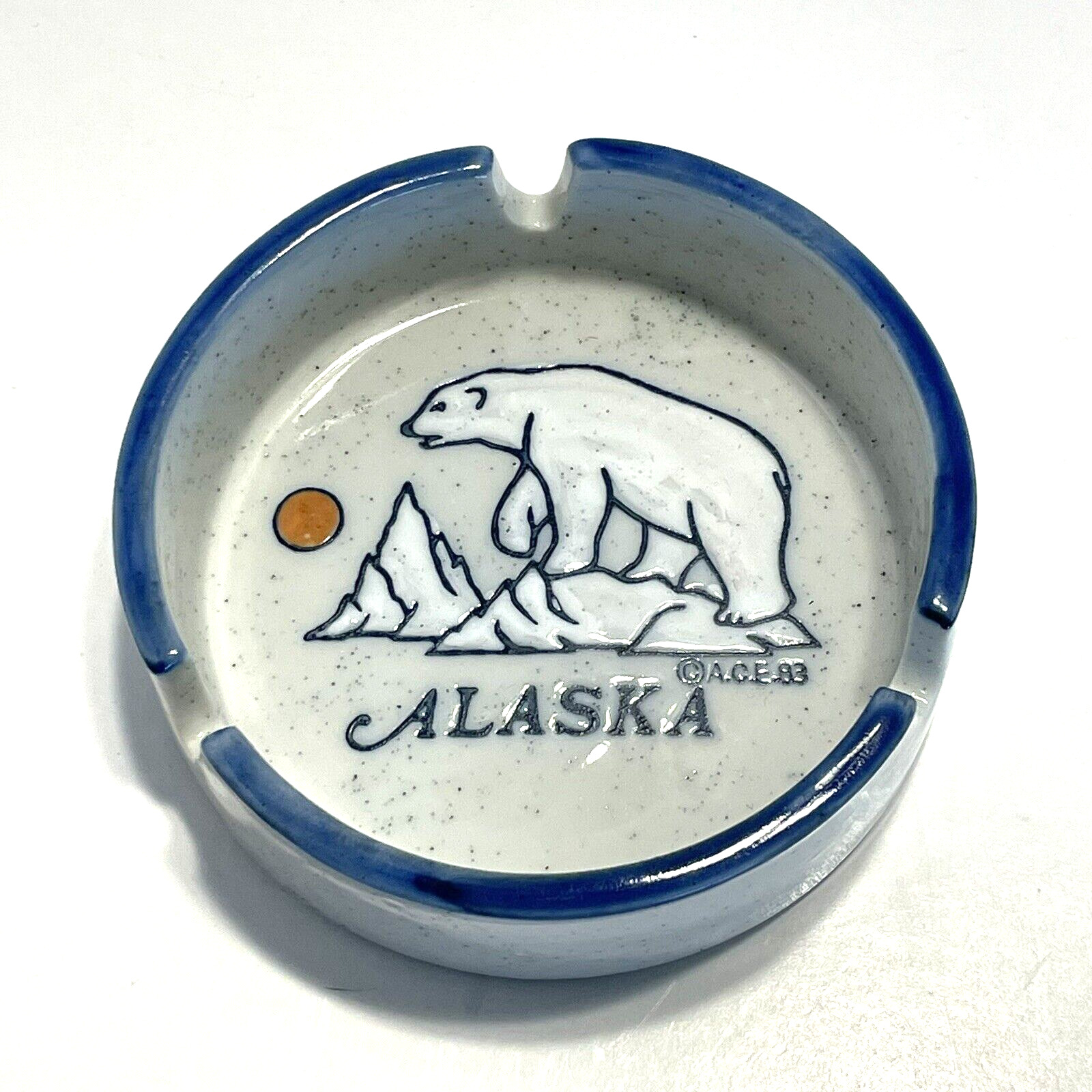 Vintage Alaska Ceramic Ashtray A.C.E. '83 Polar Bear Mountains Sun Round 3 Slots