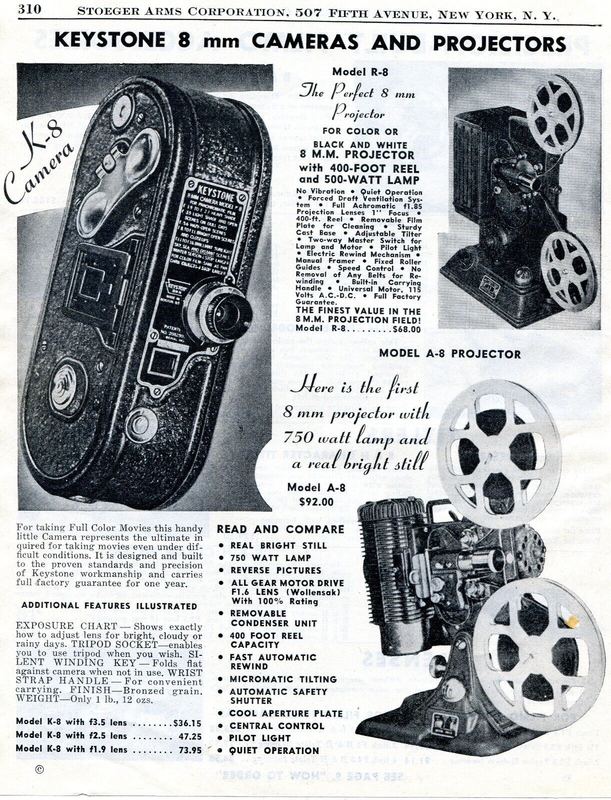 1947 Print Ad of Keystone R-8 8mm Movie Camera & A-8 Projector
