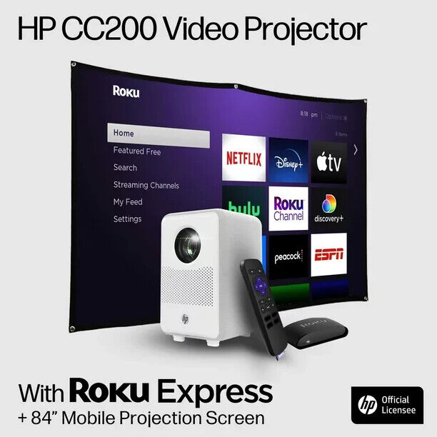 HP CC200 FHD 1080p LCD LED Home Video Projector with Roku Express and 84” Screen