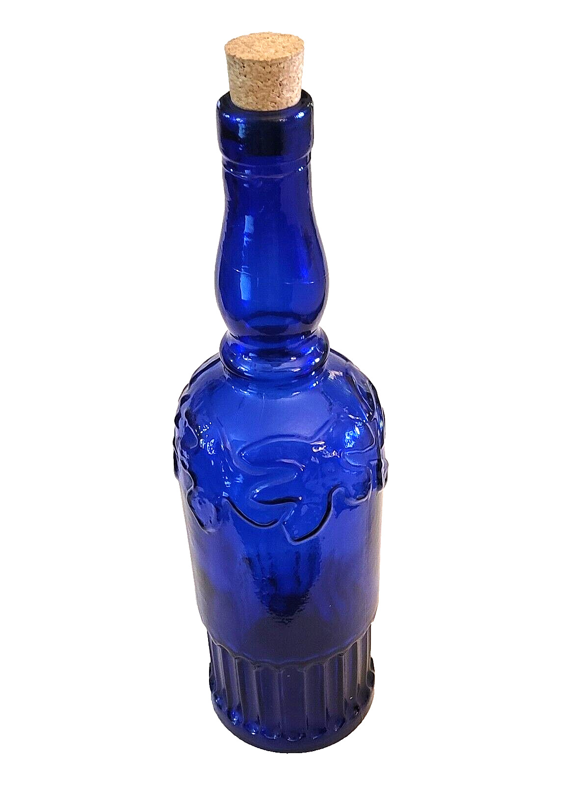 11” Vintage Cobalt Blue Glass Corked Bottle Ribbed Bottom Embossed Perfect Shape