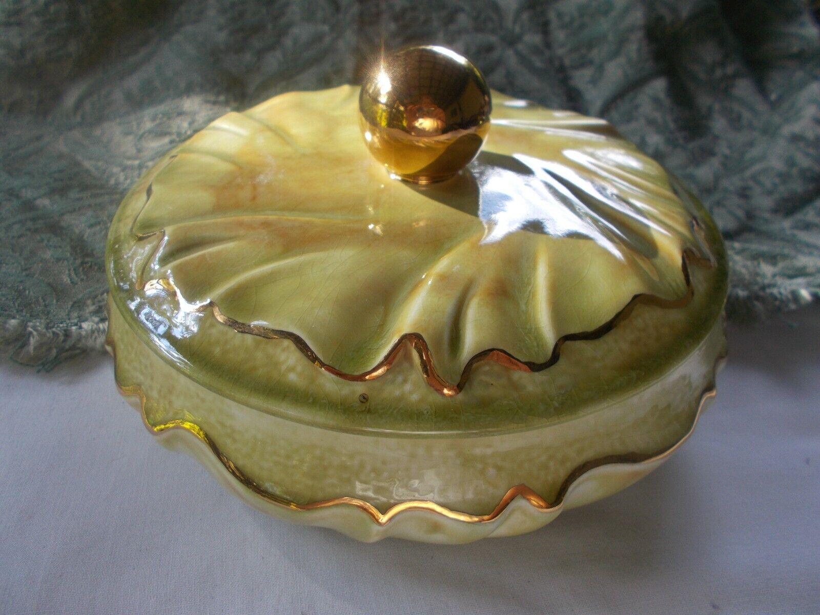 VTG Hand Decorated  Gold/Green Stunning Candy Dish with Lid