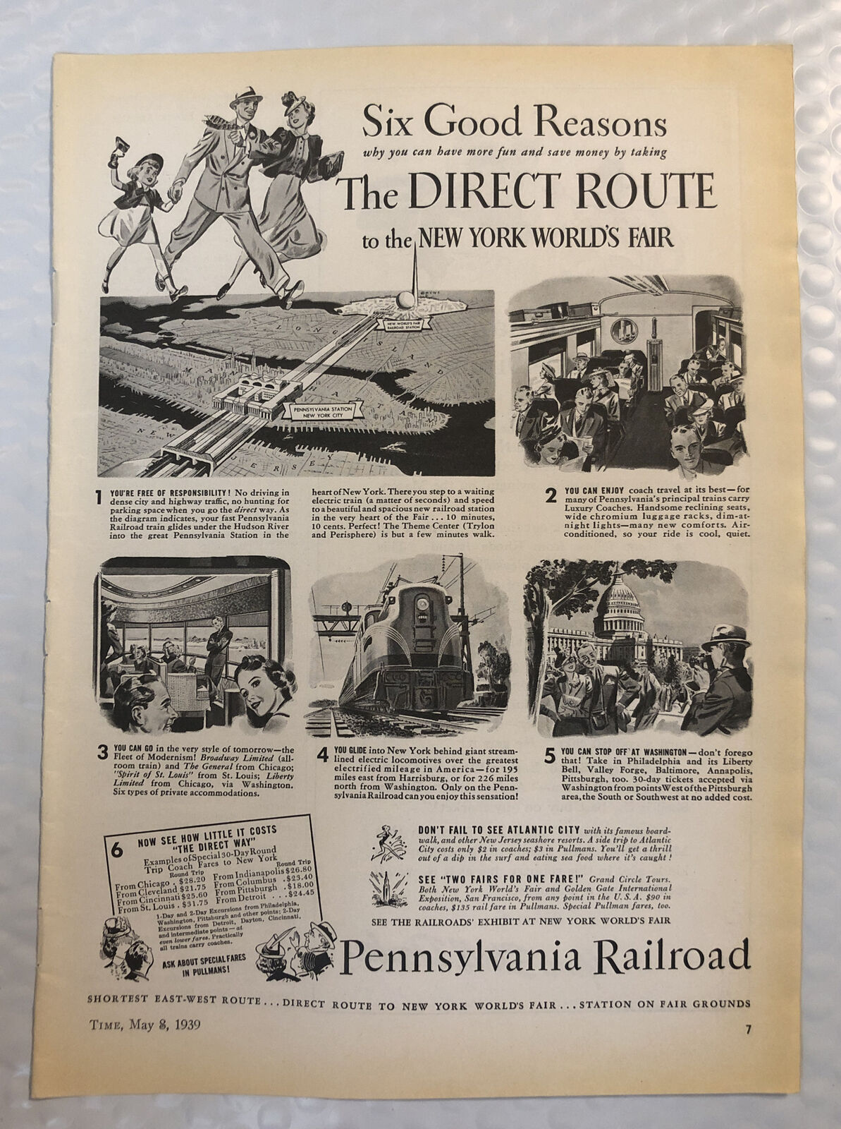 Vintage 1939 Pennsylvania Railroad Print Ad - Full Page - New York World’s Fair