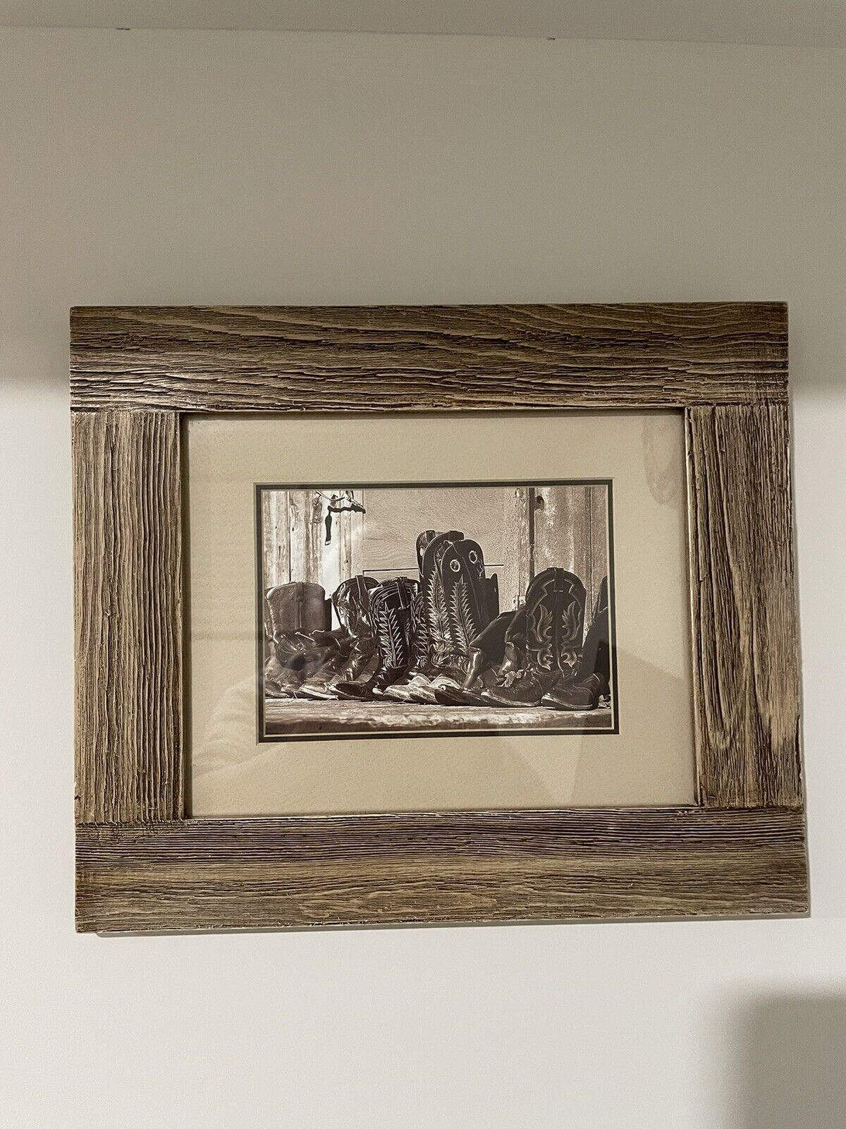 Western Cowboy Boots Wall Picture Honey Wood Framed and Matted 13.5 x 11.5