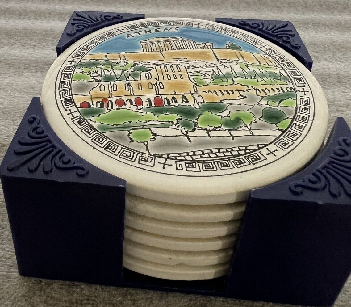Set Of Six Greek Ceramic Foam Backed Coasters With Holder