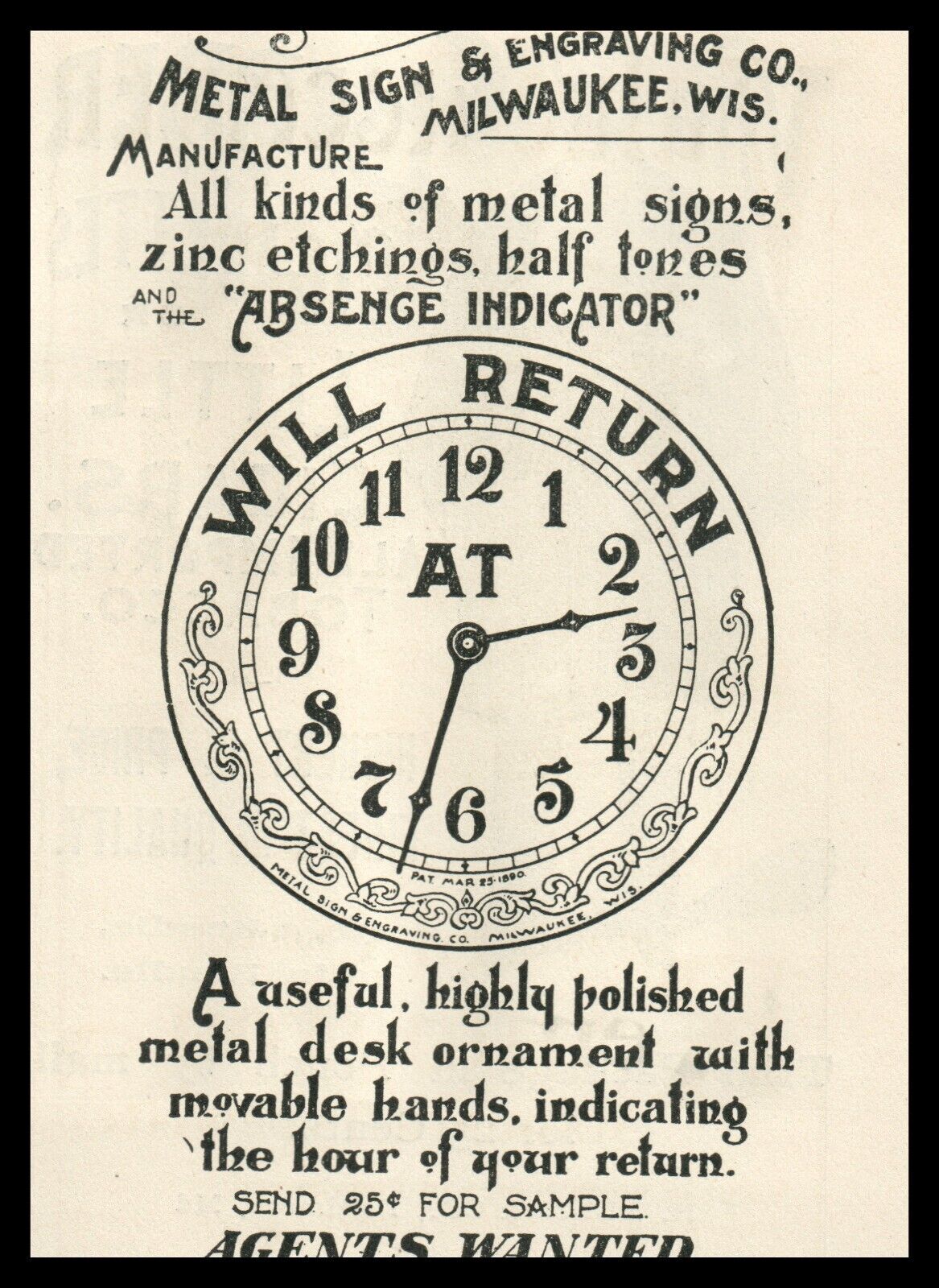1896 Metal Sign Engraving Milwaukee WI Desk Business Factory Clock Print Ad 7735
