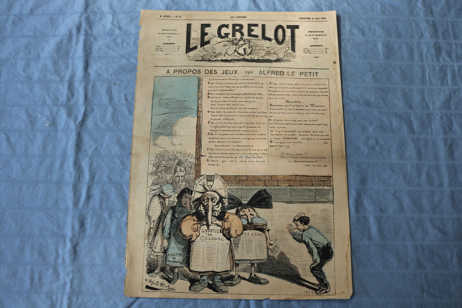 1872 MAY 26 LE GRELOT NEWSPAPER - A PROPOS DES JEUX - FRENCH - NP 8587