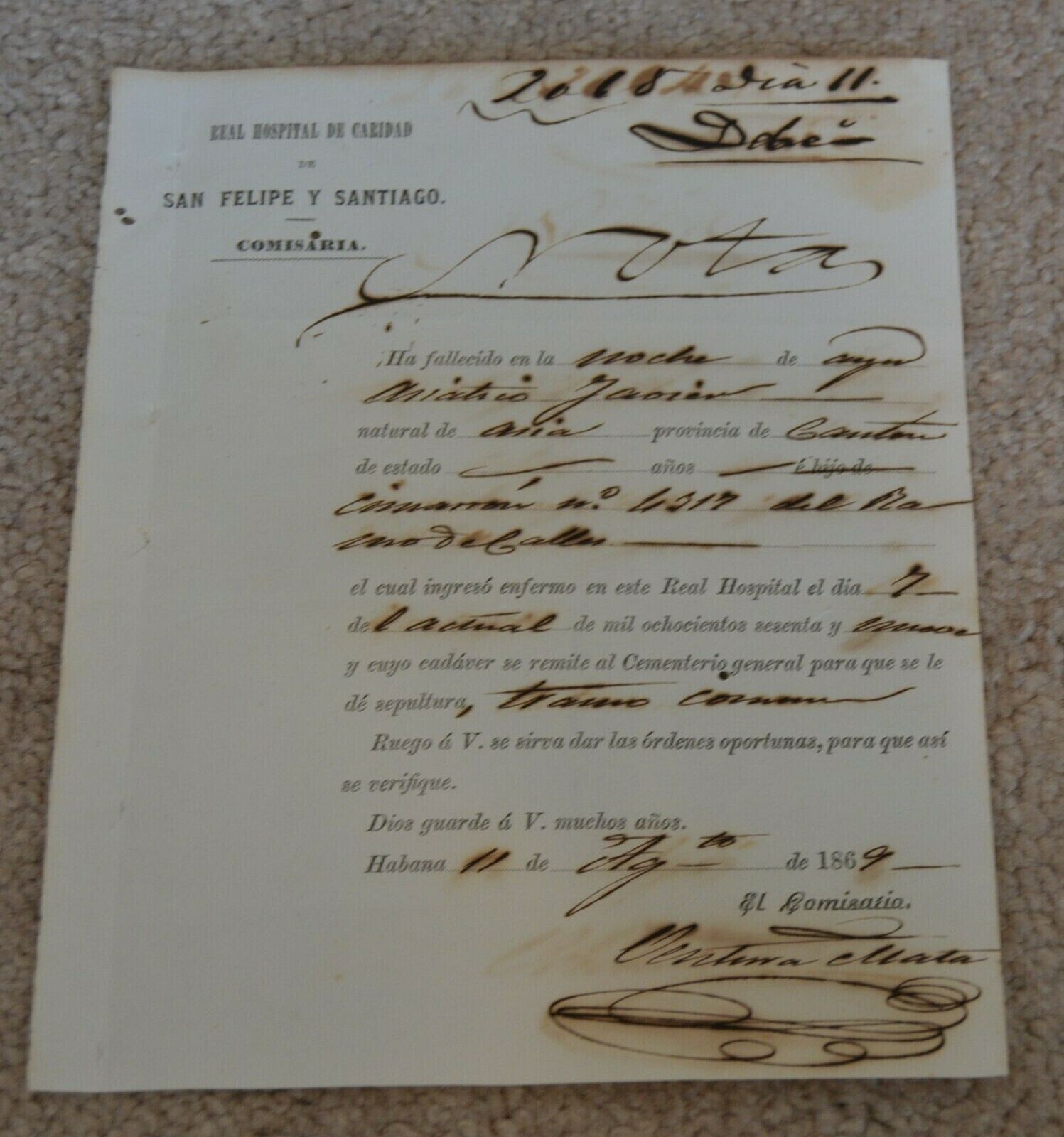 Authentic 1860s Colonial Chinese Death Certificate - Rare Slave Coolie Document