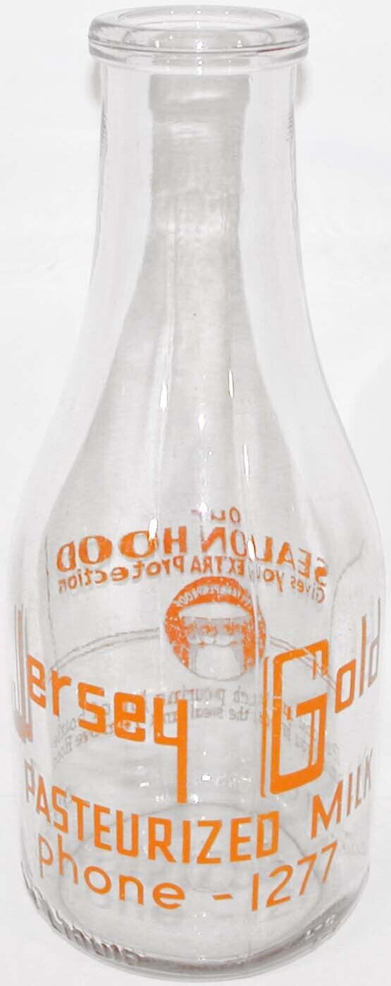 Vintage milk bottle JERSEY GOLD Phone 1277 dated 1945 TRPQ tall round pyro quart