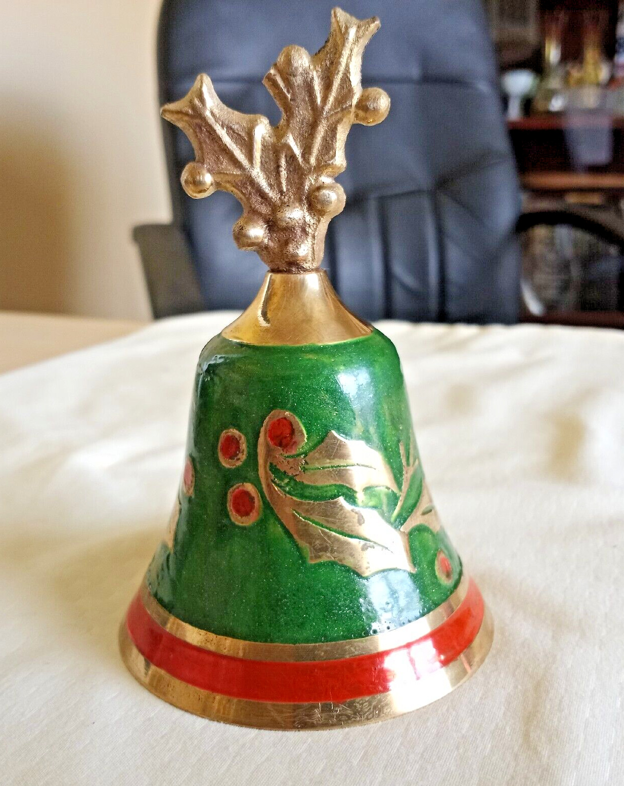Vintage Christmas Holiday Solid Brass Bell with Holly Green Enamel Made in India