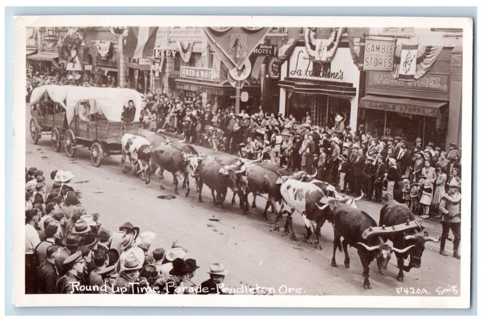 Pendleton Oregon OR Postcard RPPC Photo Round Up Time Parade Gamble Store Smith