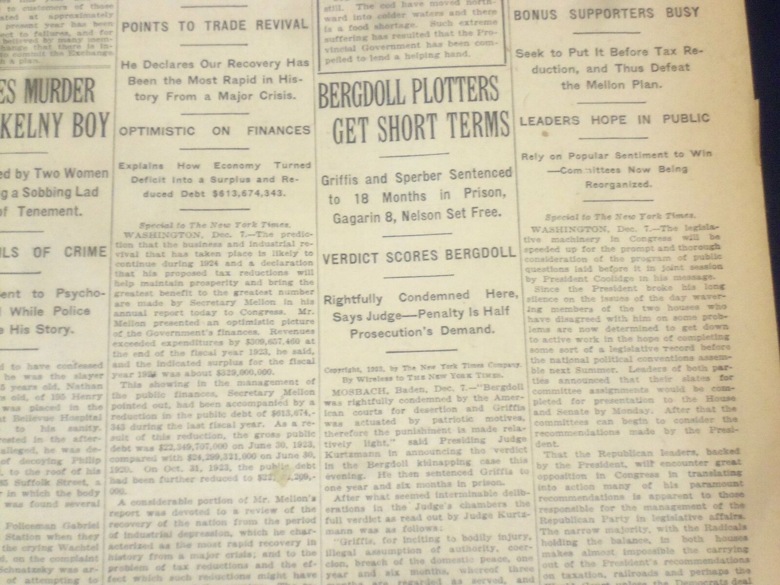 1923 DECEMBER 8 NEW YORK TIMES - BERGDOLL PLOTTERS GET SHORT TERM - NT 9216