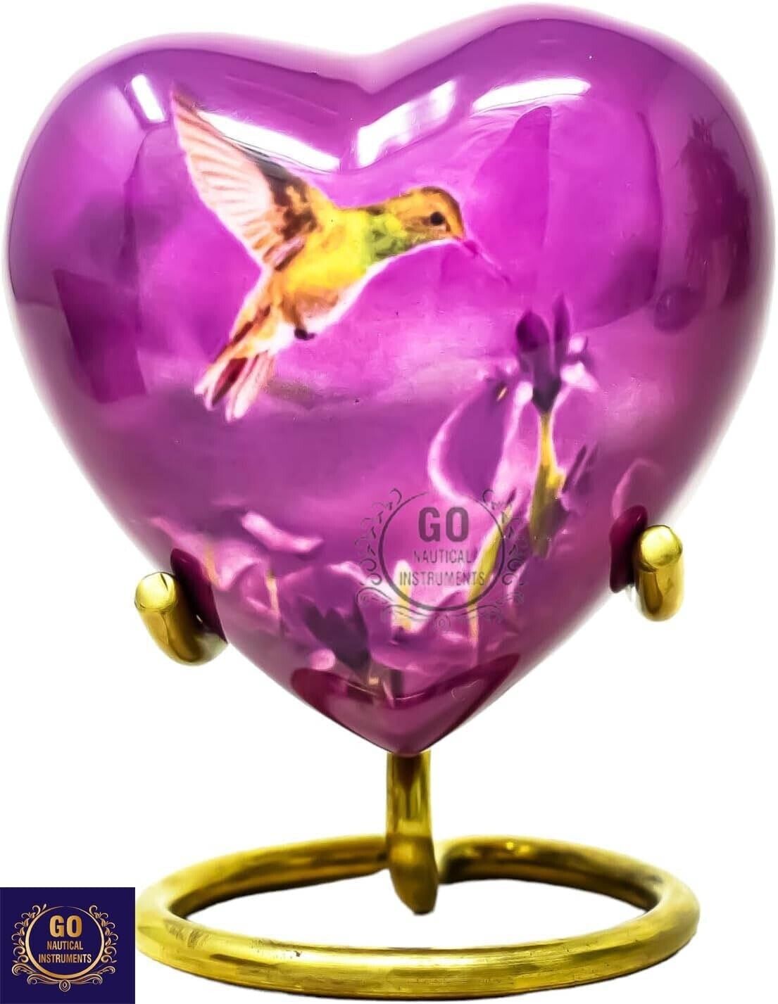 Hummingbird Print 3 Inch Purple Mini Heart Urn Decorative Urns Box & Stand