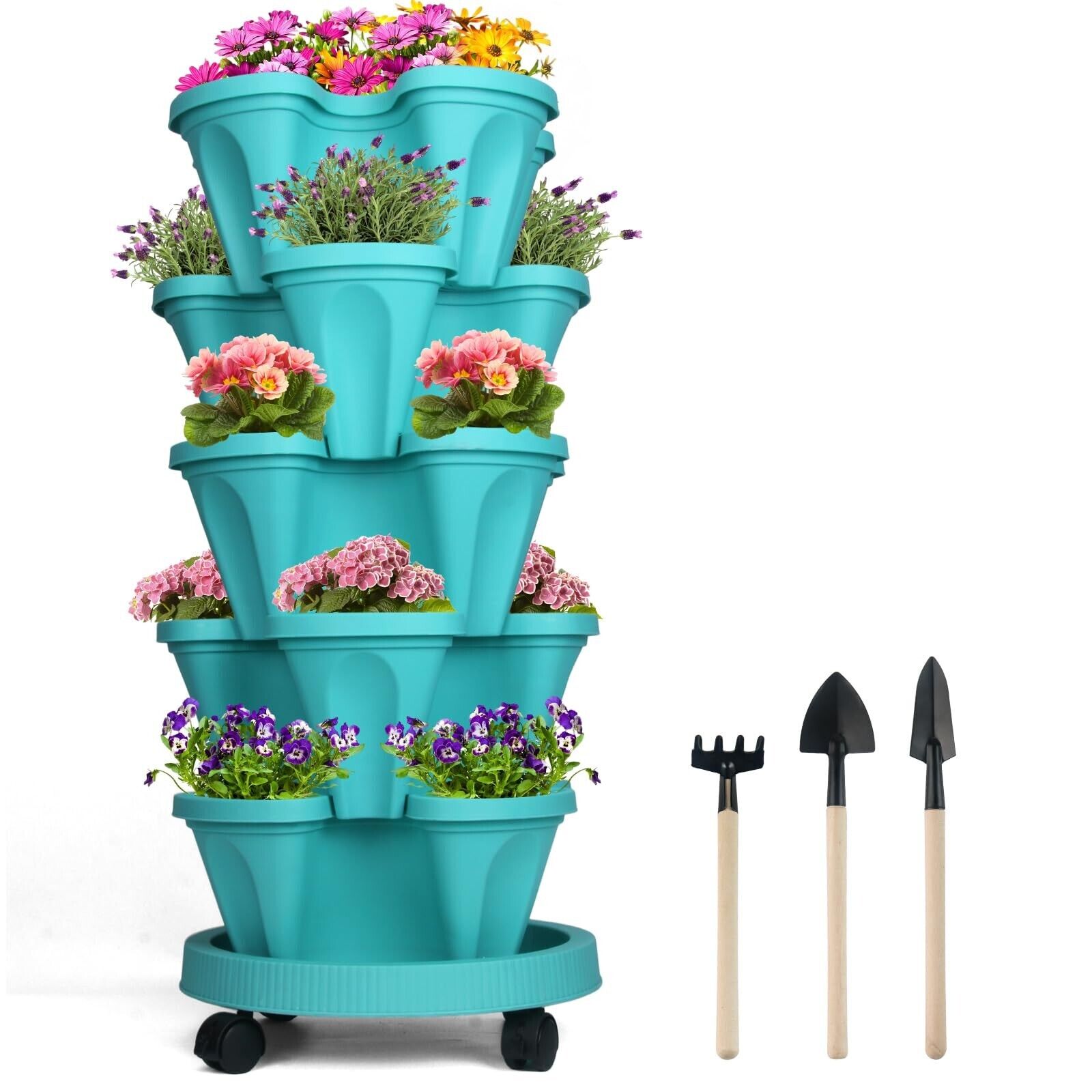 Stackable planter, vertical garden planter with wheels and tools