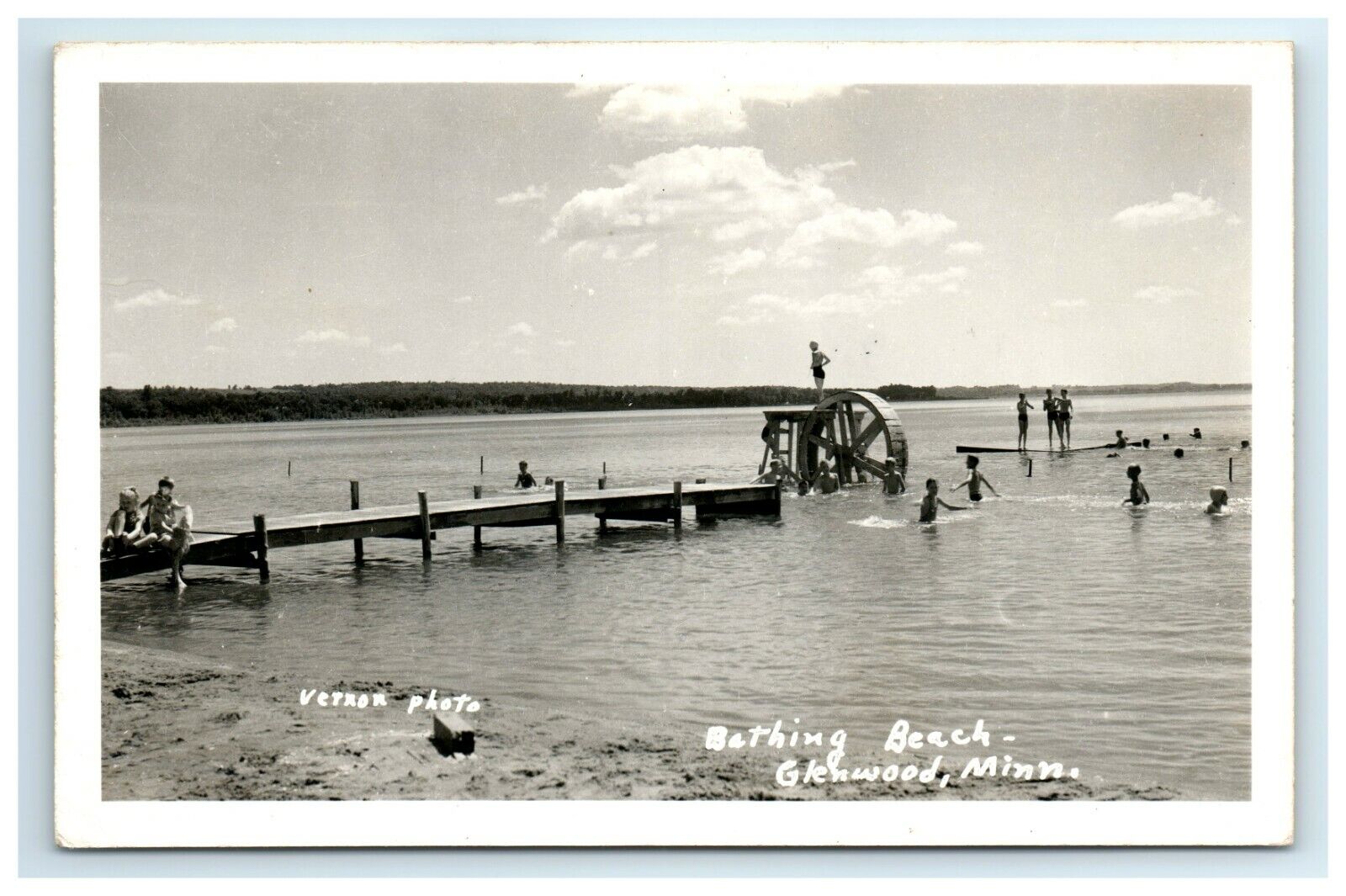 Vtg RPPC Real Photo Postcard Bathing Beach Glenwood MN Waterwheel Dock Kids 