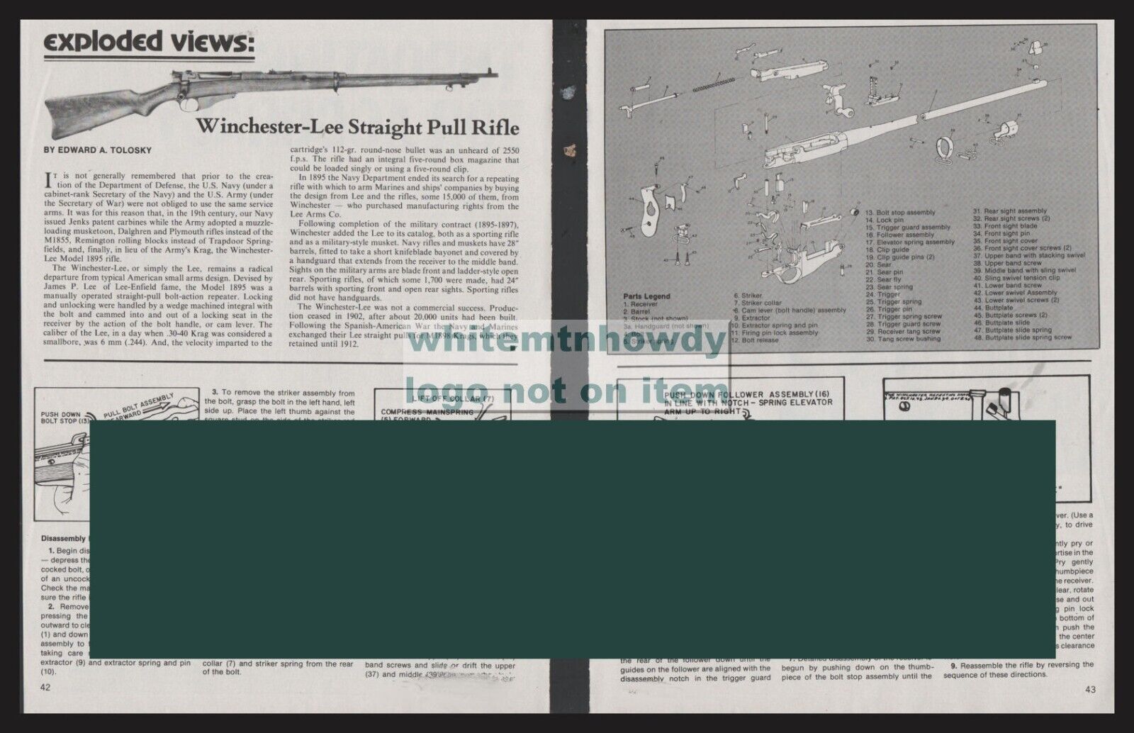 1982 WINCHESTER-LEE Straight Pull Rifle Schematic Parts List Assembly Article