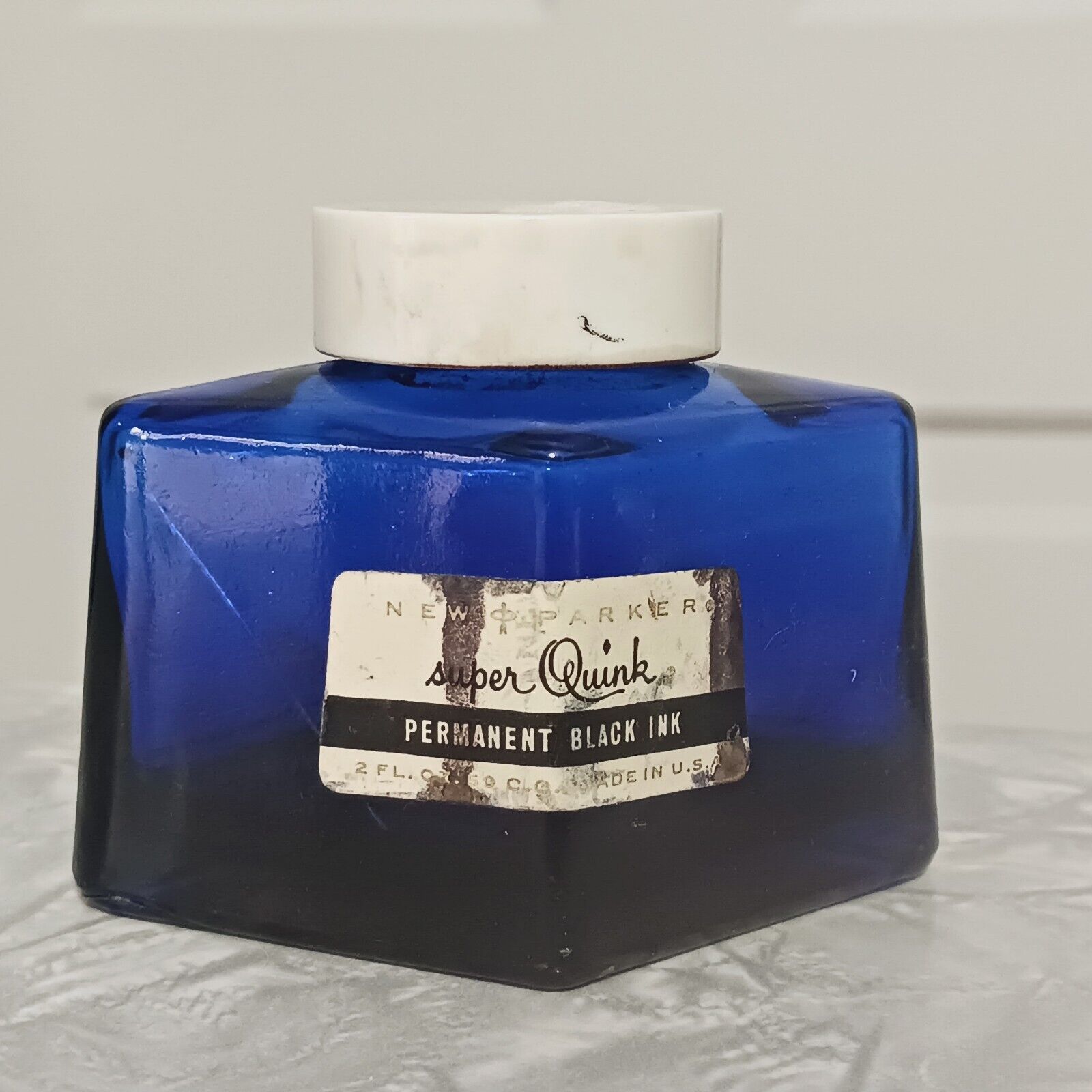 Vintage Cobalt Blue Glass Diamond Shape Ink Well Jar Super Quink Parker