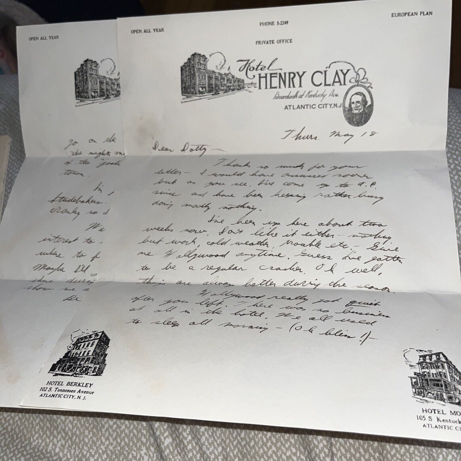 Antique 1939 Letter The Henry Clay Hotel Letterhead Atlantic City NJ Boardwalk