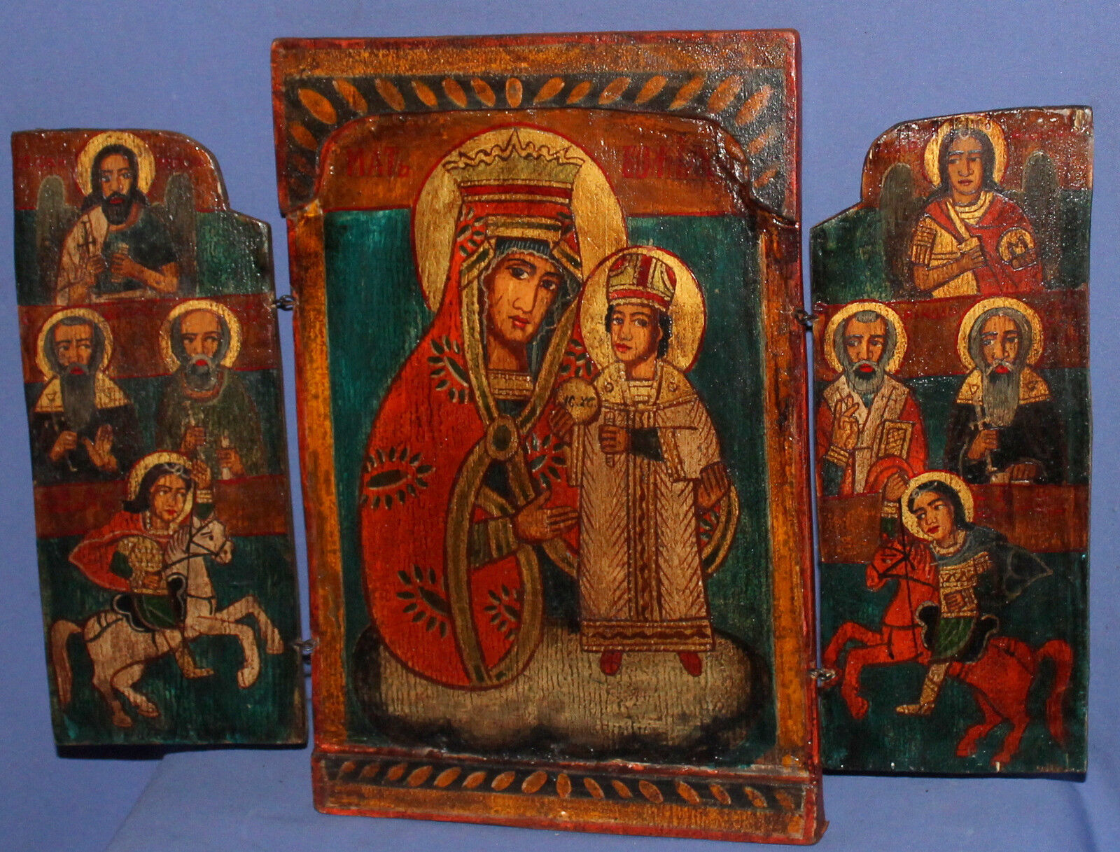 Vintage hand painted tempera/wood triptych icon Virgin Mary and Christ