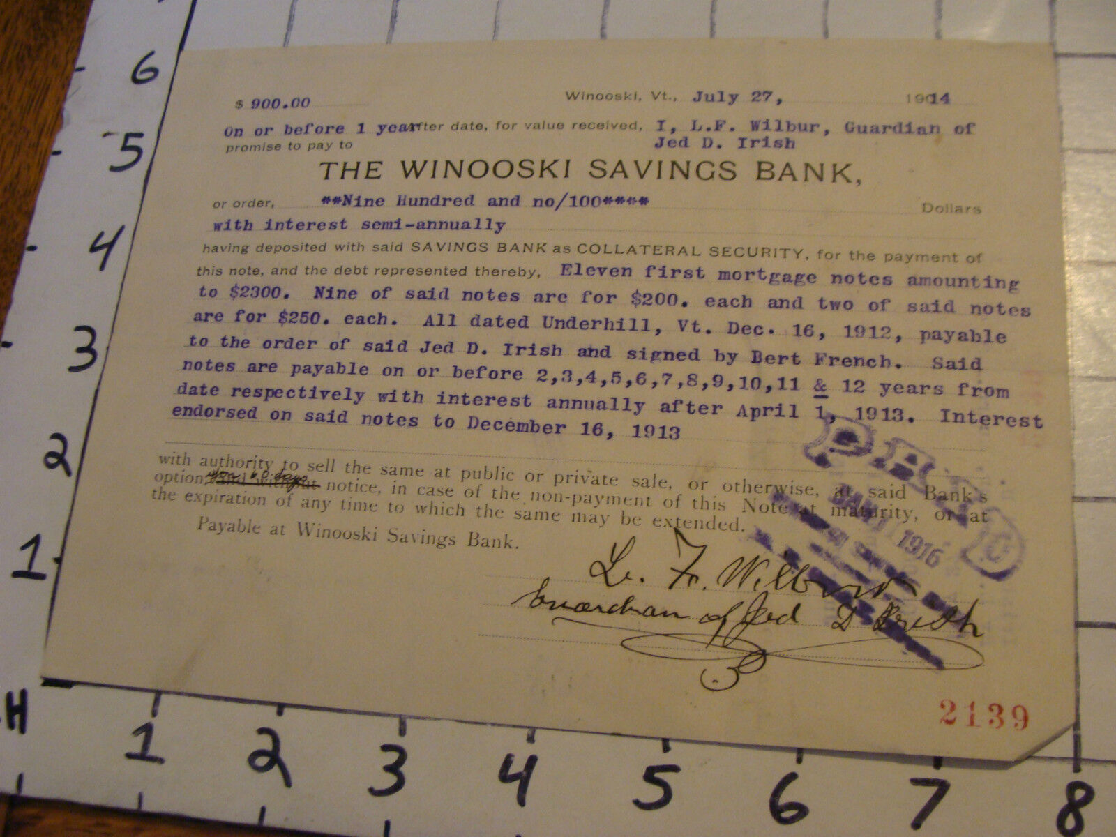  Original 1914 WINOOSKI, VERMONT savings bank debt paper