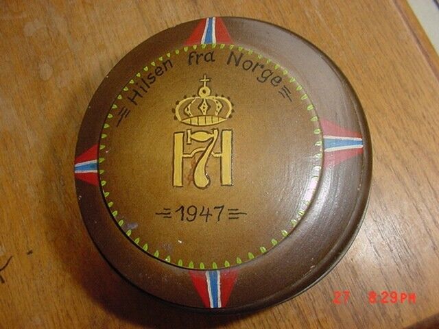 OLD 1947 NORWEGIAN LIDDED ROUND PAINTED BOX HILSEN FRA NORGE SOUVENIR NORWAY