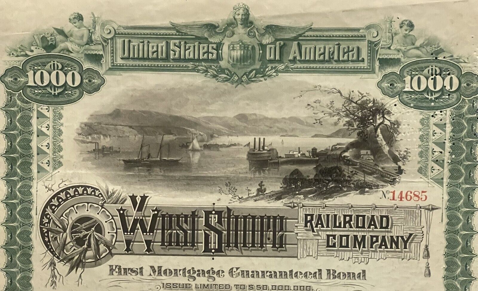 Antique 🚂 1885 West Shore Railroad Company Gold Bond Certificate 🚃