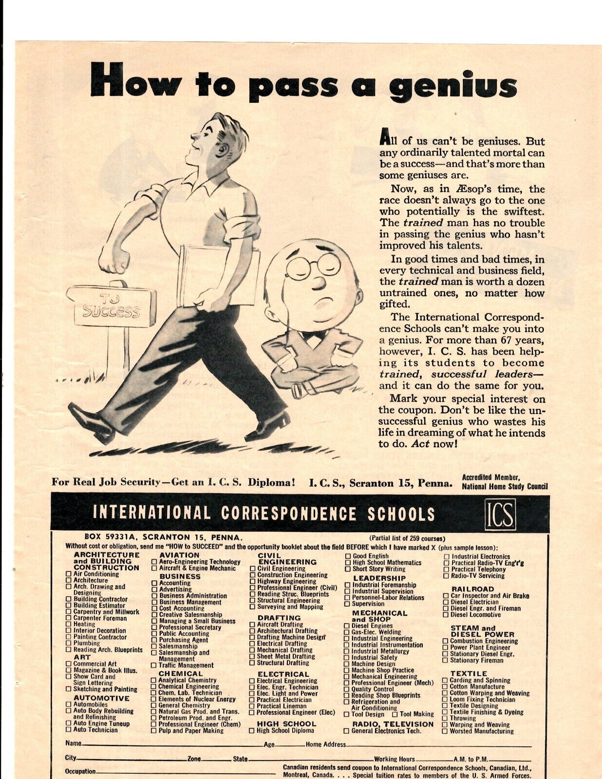 1959 Print Ad International Correspondence Schools How to Pass a Genius Illus