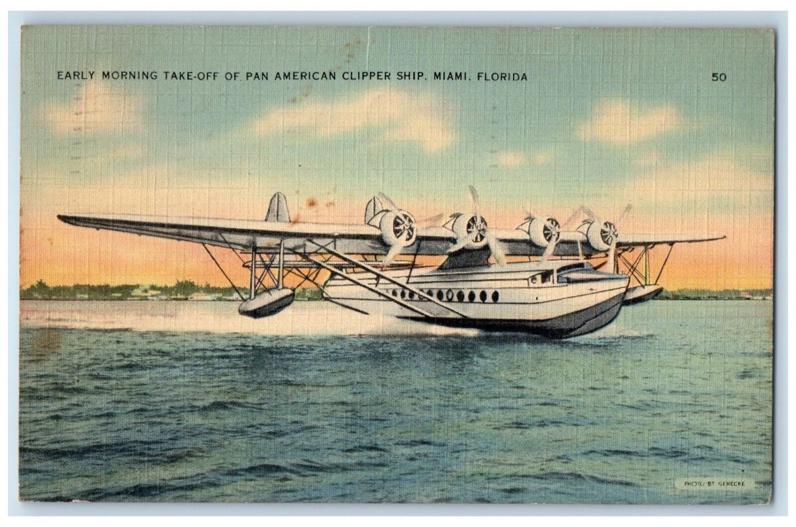 c1941 Early Morning Take Off Pan American Clipper Ship Miami Florida FL Postcard