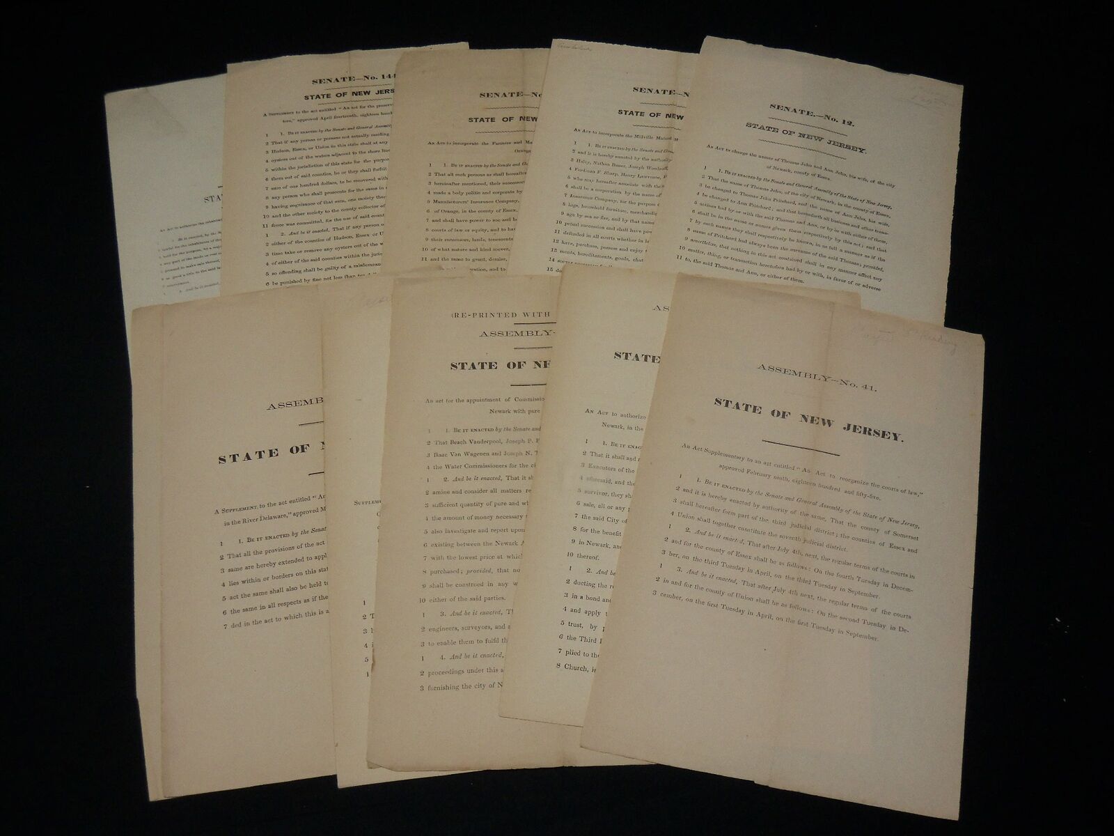 1800'S STATE OF NEW JERSEY SENATE & ASSEMBLY ACTS LOT OF 12 PAGES - J 5949