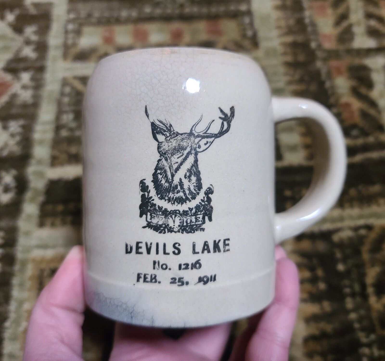 Antique Feb 25, 1911 DEVIL\'S LAKE Elks Lodge 1216 Stoneware Mug North Dakota