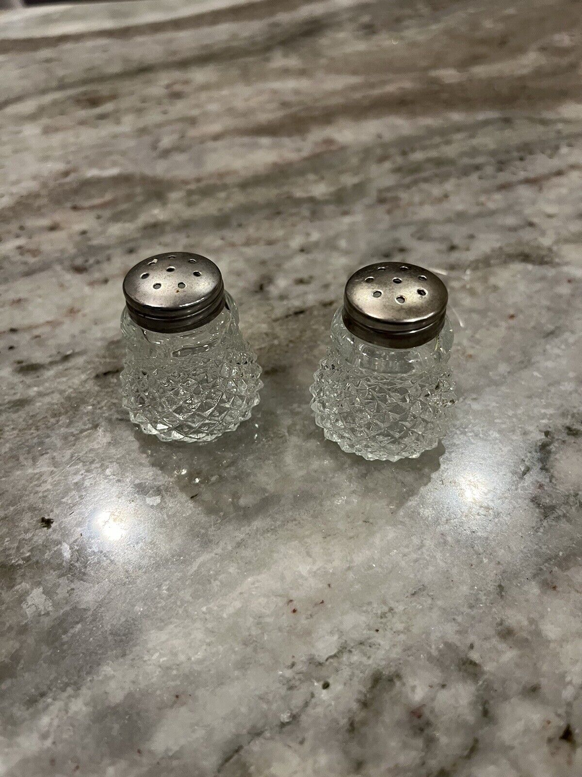 Vintage Crystal Salt & Pepper Shakers Silver Plated Tops